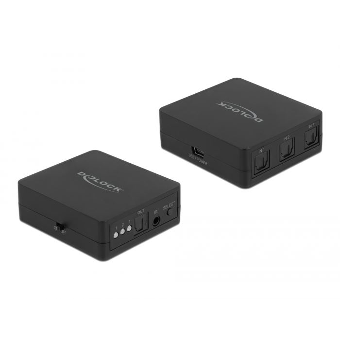 Delock S/PDIF Toslink kapcsoló 3 bemenettel és 1 kimenettel infrasugaras távkapcsolóval és USB tápellátással (63395) (d63395)