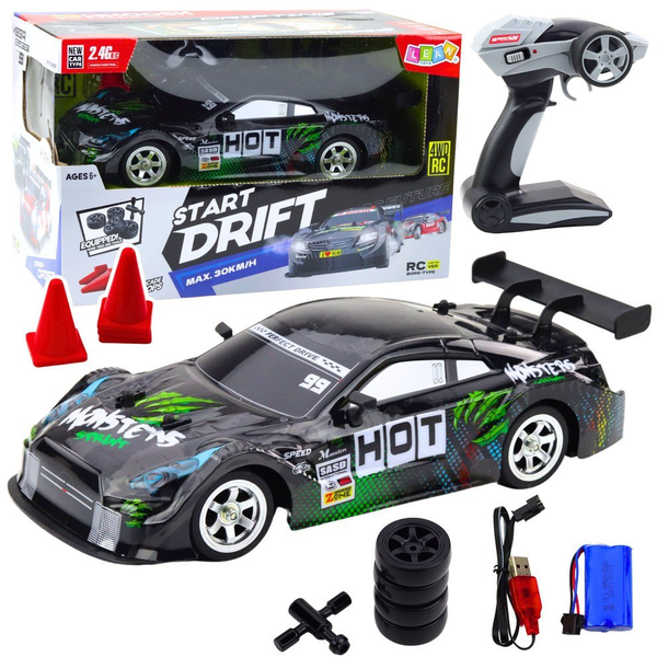 Versenyautó Drift Car RC Fekete és Zöld 30km/h 1_16