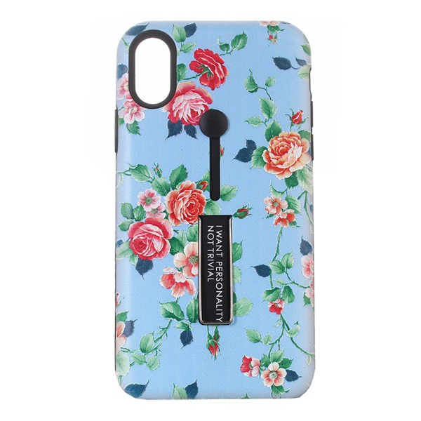 Műanyag telefonvédő (szilikon belső, asztali tartó funkció, ujjra húzható szilikon, bazsarózsa minta) KÉK [Apple iPhone XS Max 6.5] (5996457802265)