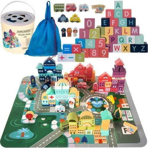 100 Részes Fa Kirakós Építőjáték, Szőnyeggel (00019159)