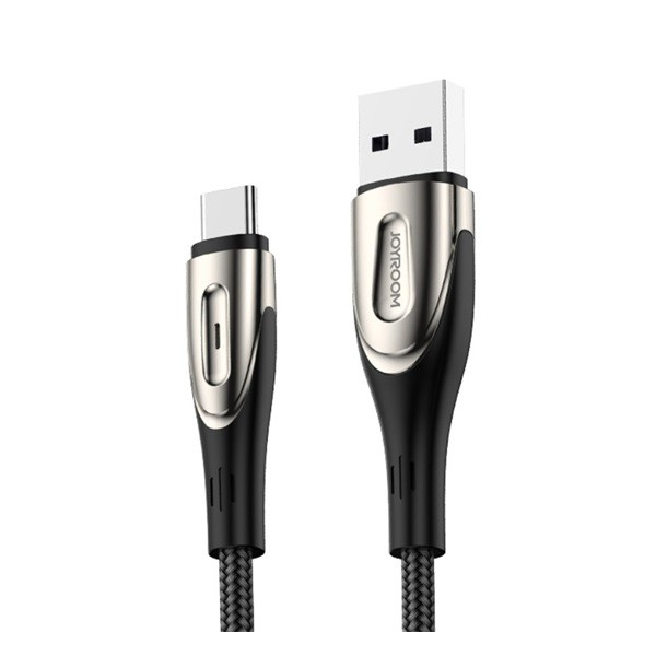 JOYROOM SHARP adatkábel és töltő (USB - Type-C, gyorstöltés támogatás, 300cm, nylon, törésgátló, cipőfűző minta) FEKETE (S-M411_B_TYPE-C300)