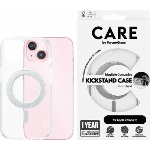 PanzerGlass Kickstand iPhone 15 MagSafe Telefon tok kitámasztóval - Átlátszó / Ezüst (1413)