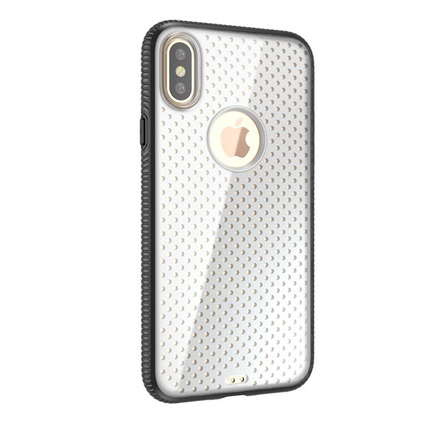Műanyag telefonvédő (szilikon keret, közepesen ütésálló, átlátszó akril hátlap, lyukacsos minta, logo kivágás) FEKETE [Apple iPhone XS 5.8] (5996457727322)