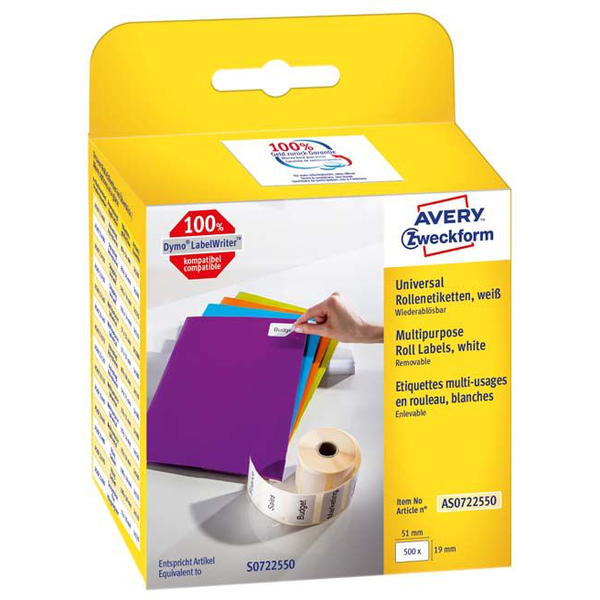 Avery-Zweckform Etikett tekercs Kompatibilis helyettesíti DYMO 11355, S0722550 19 x 51 mm Papír Fehér 500 db Leoldható Univerzális etikett AS0722550