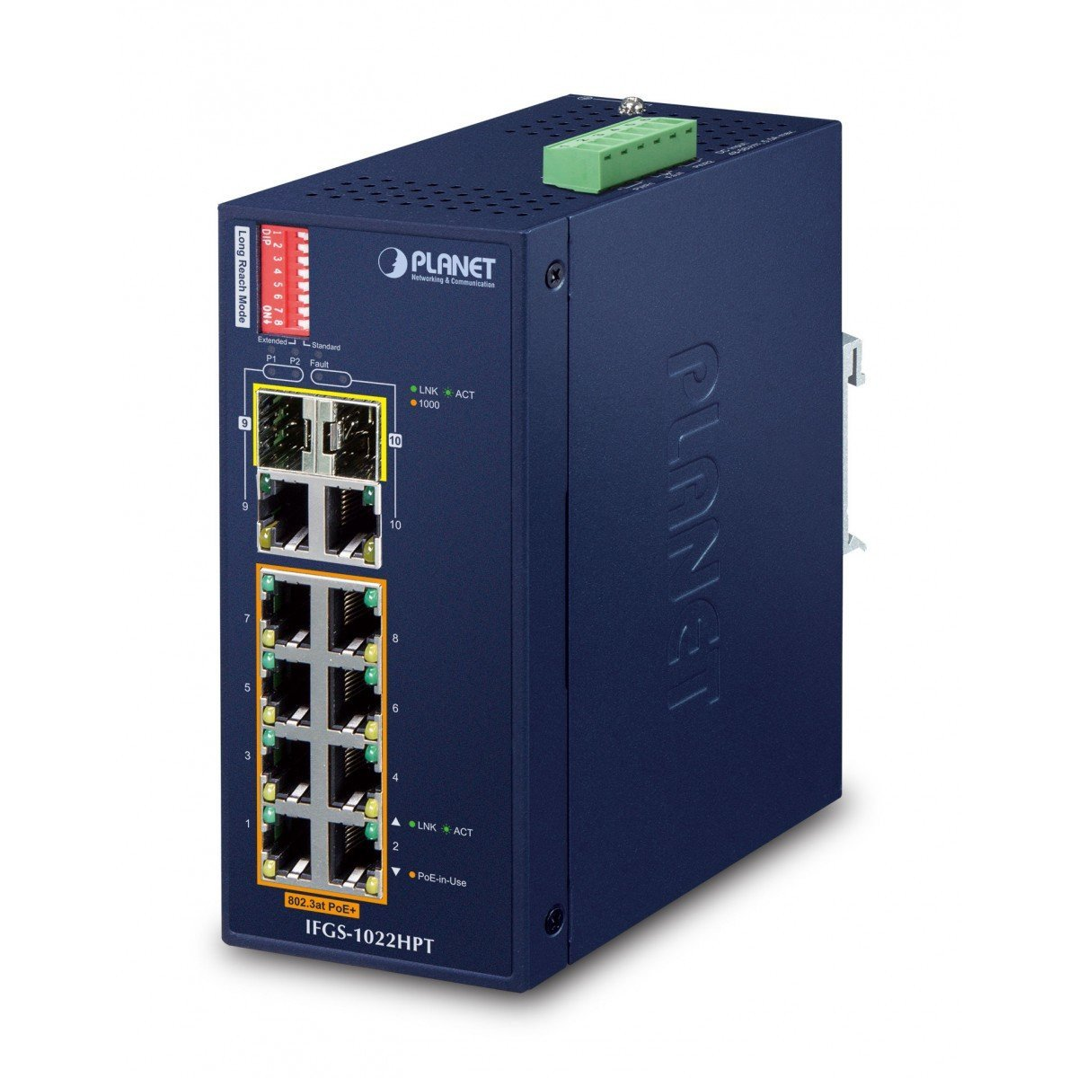 PLANET IFGS-1022HPT hálózati kapcsoló Beállítást nem igénylő (unmanaged) Fast Ethernet (10/100) Ethernet-áramellátás (PoE) támogatása Kék (IFGS-1022HPT)