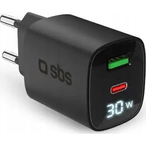 SBS PD USB-C/ USB-A LCD Hálózati Gyorstöltő Adapter 30W - Fekete (TETRGANLCD1USB1C30K)