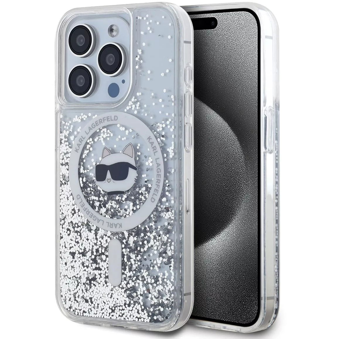 Karl Lagerfeld Liquid Glitter Choupette Head iPhone 15 Pro MagSafe átlátszó tok (KLHMP15LLGCHSGH)