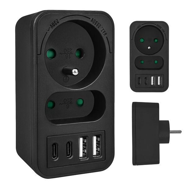 Gniazdko prądowe x2 + 4xUSB Maclean, rozgałęźnik z 2 gniazdami, 2xUSB A, 2xUSB C PD 20W, 1x16A + 1x6A, MCE249 F/B