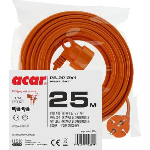 Acar PS-2P H05VV-F 2X1 Kültéri hosszabbító kábel 25m - Narancssárga