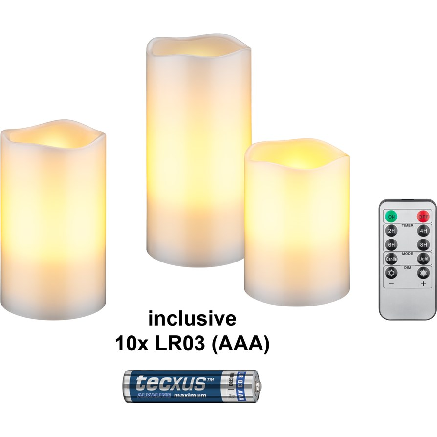 Goobay 75259 Valódi viasz LED gyertya szett - Fehér (3db/csomag) + 10db Tecxus AAA elem (75259)