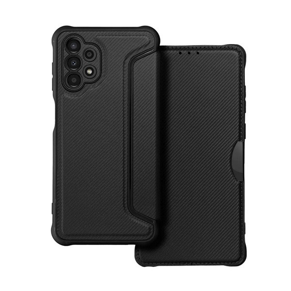 Samsung Galaxy A32 4G SM-A325F, калъф със странично отваряне, ъгъл с въздушна възглавница, кожен ефект, карбонов модел, Razor Book, черен (RS129166)
