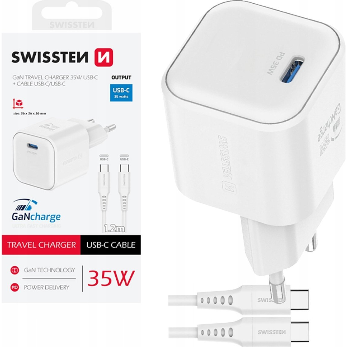 Swissten 22070220 USB-C Hálózati Gyorstöltő Adapter USB-C Kábellel (1,2m) 35W - Fehér (8595217484443)