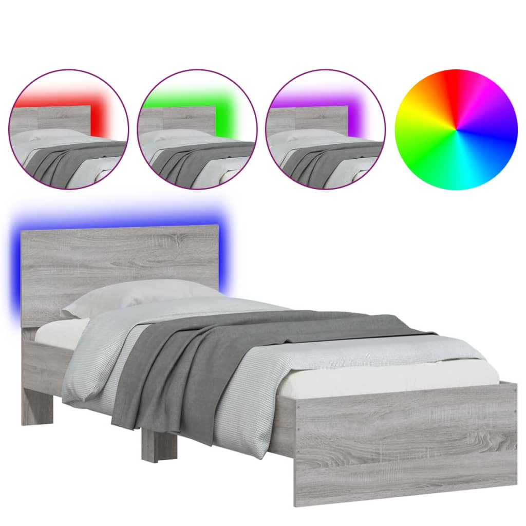 szürke sonoma színű ágykeret fejtámlával és LED-ekkel 90x200 cm (838811)