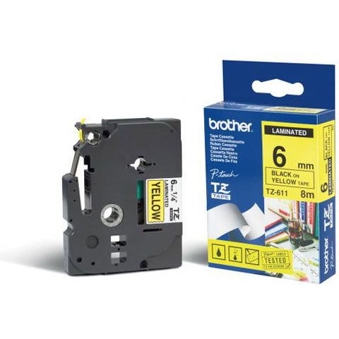 Brother Gloss Laminated Labelling Tape - 6mm, Black/Yellow етикетна лента TZ