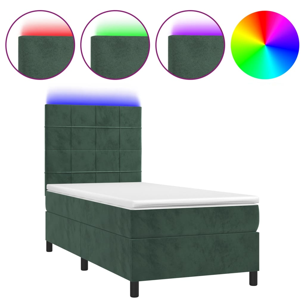 sötétzöld bársony rugós és LED-es ágy matraccal 90x200 cm (3136104)