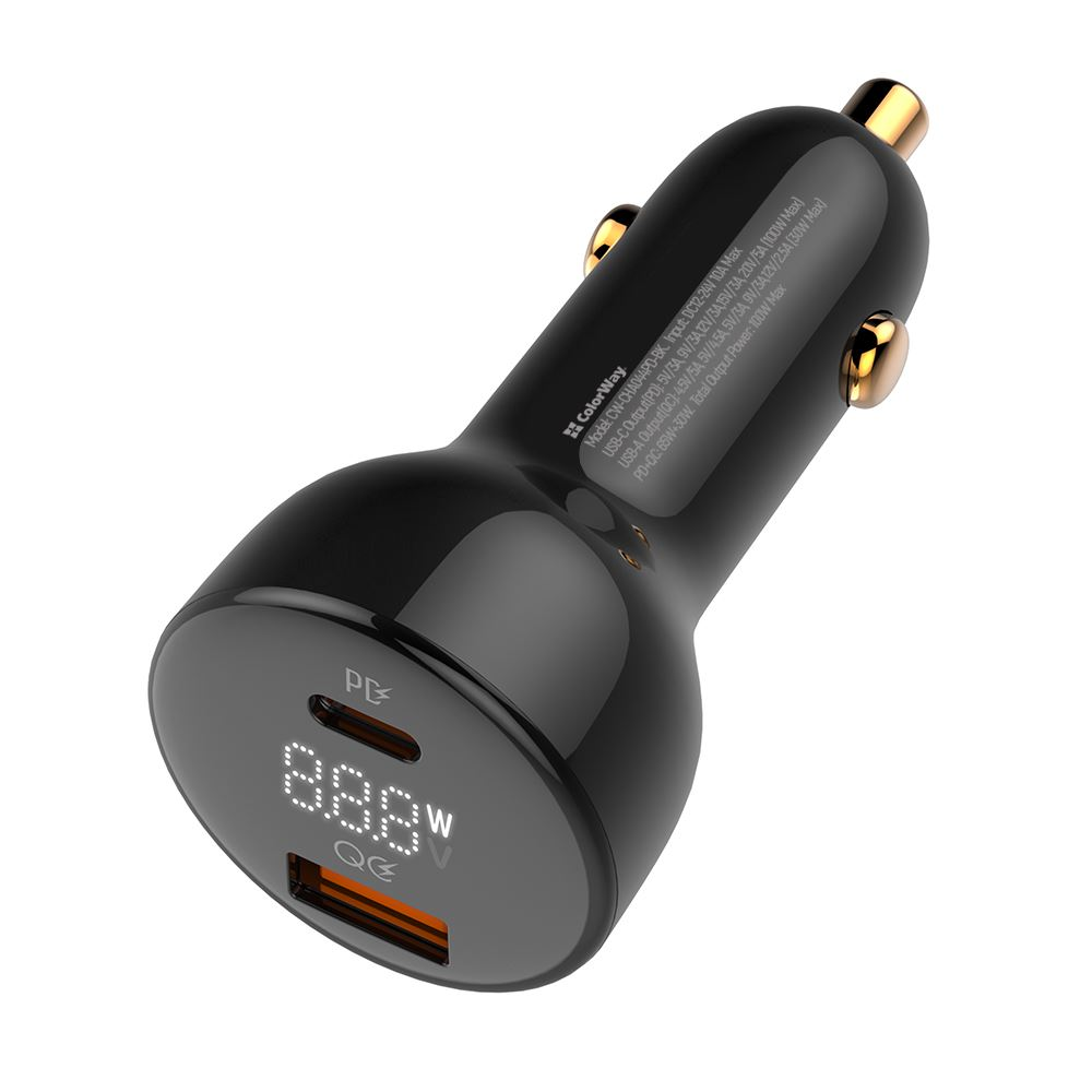ColorWay USB-A, USB-C szivargyújtó töltő kijelzővel 100W fekete (CW-CHA044PD-BK) (CW-CHA044PD-BK)