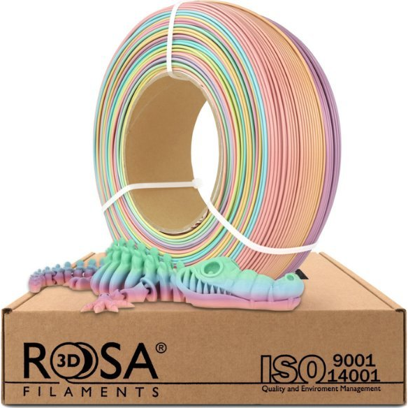 3D plastikas PLA įvairiaspalvė (rainbow) pastelinė 1.75mm 1kg refill pakuotė Rosa3D