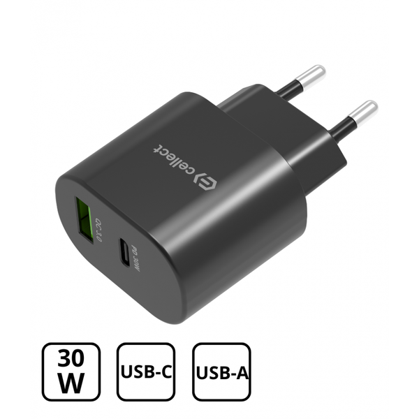 Hálózati töltő adapter PD30W/QC3.0 18W, Fekete