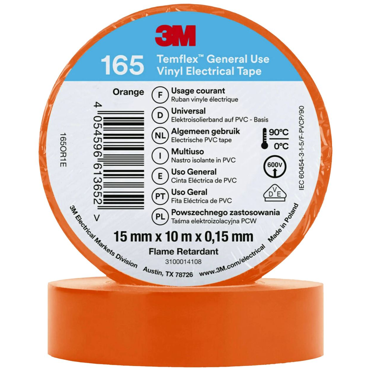 3M Temflex 165 165OR1E vinil szigetelőszalag, narancs, 10 m x 15 mm (165OR1E)