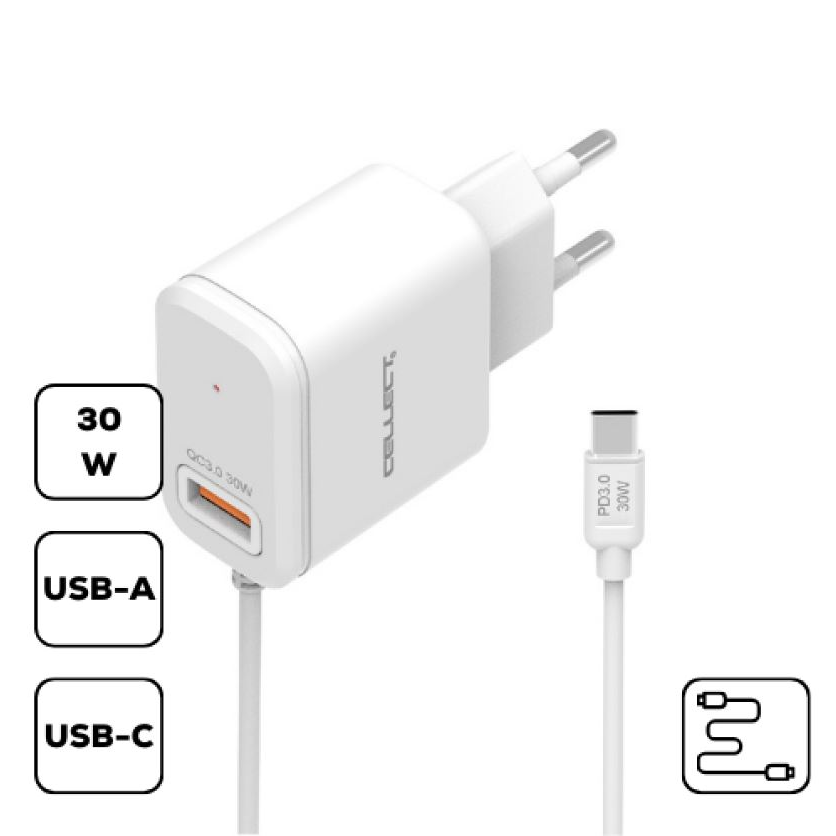 Cellect HS-H47 USB-A hálózati töltő USB-C kábellel fehér (MTC-HSH4730W-TYPECW) (MTC-HSH4730W-TYPECW)