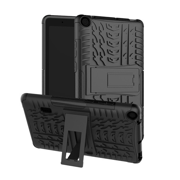 Defender műanyag telefonvédő (közepesen ütésálló, szilikon belső, kitámasztó, autógumi minta) FEKETE [Huawei Mediapad T3 7] (5996457867899)