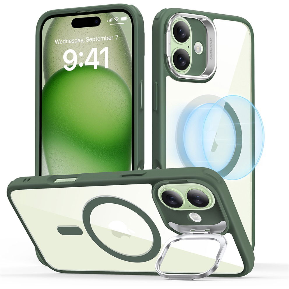 ESR Classic Hybrid Case with Stash Stand (HaloLock), Compatible with iPhone 16 Plus, Clear Green tok (1A7480501)