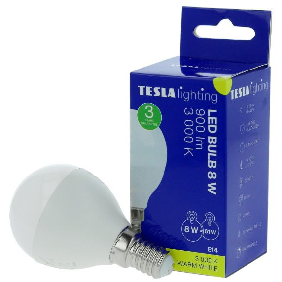 TESLA LED izzó miniglobe BULB E14, 8W, melegfehér (MG140830-7)