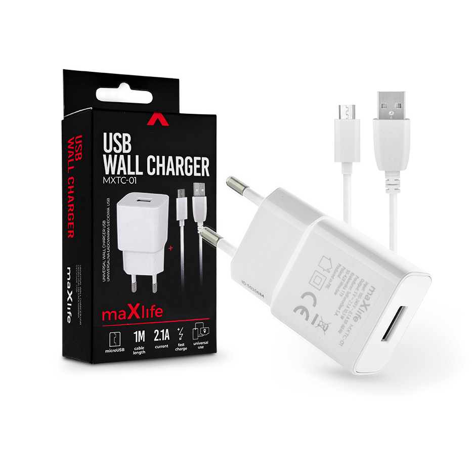 Maxlife USB hálózati töltő adapter + micro USB adatkábel 1 m-es vezetékkel - Maxlife MXTC-01 USB Wall Charger - 5V/2,1A - fehér (TF-0126)