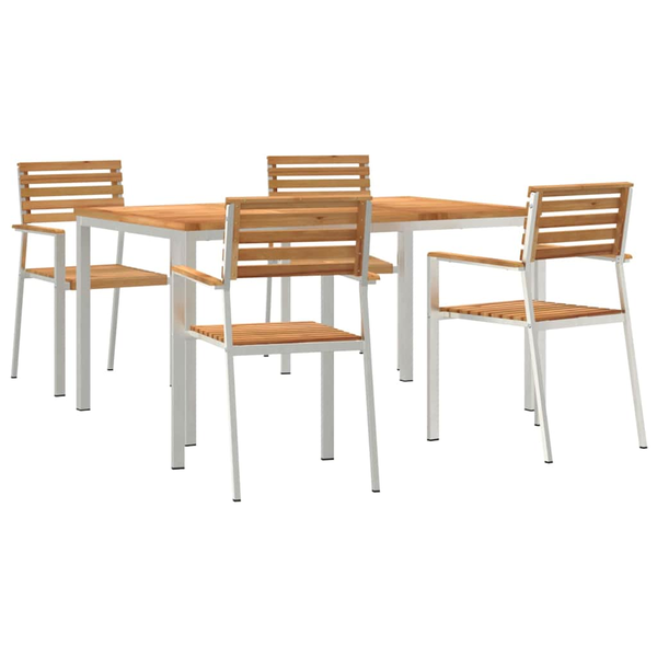 Set dining grădină vidaXL, 5 piese lemn solid tec, Masă dining exterior 150x90x75 cm din lemn tec, Scaune grădină stivuibile 4 buc din lemn de tec și oțel