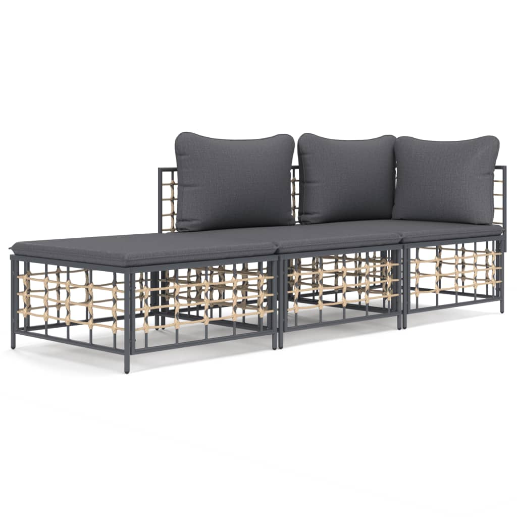 3-részes antracitszürke polyrattan kerti ülőgarnitúra párnákkal (3186725)