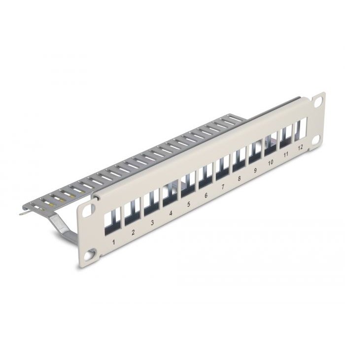 Delock 10” hálózati szekrényekhez Keystone patch panel 12 porttal és tehermentesítővel 1U szürke (66875) (delock66875)
