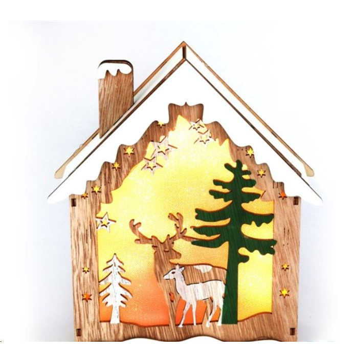 IRIS Faház alakú rénszarvas mintás/18,5x21cm/meleg fehér LED-es fa fénydekoráció (310-07) (310-07)