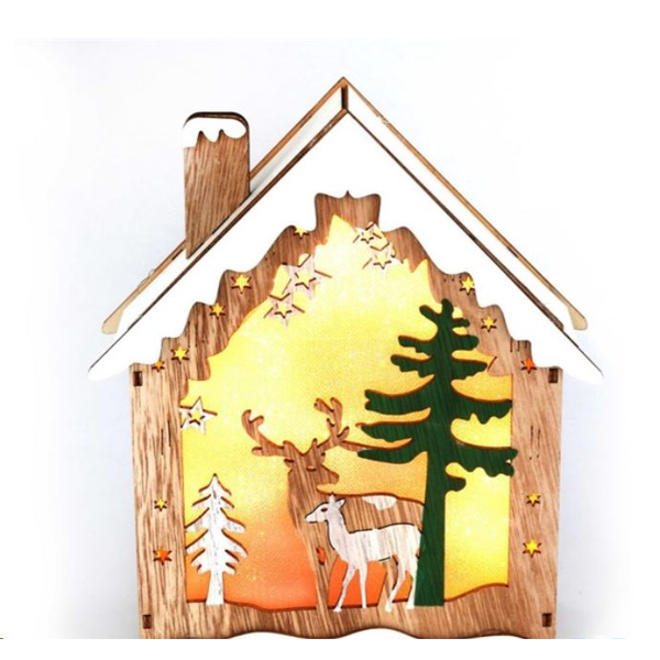 IRIS Faház alakú rénszarvas mintás/18,5x21cm/meleg fehér LED-es fa fénydekoráció  (310-07)