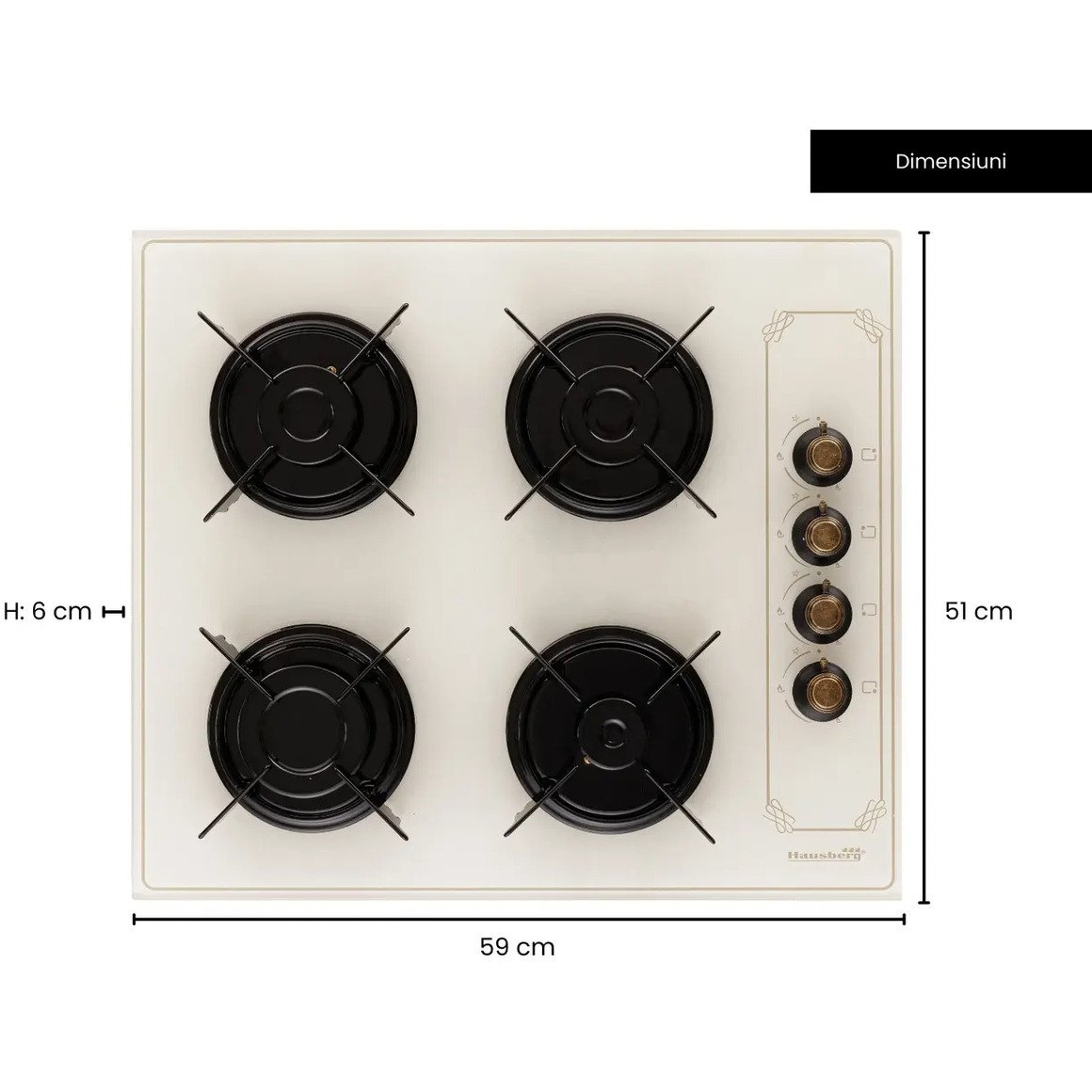 Hausberg HB-570RST bézs, rusztikus, beépíthető,gáz, főzőzóna: 3 +1 égőfej, beépíthető méret:70cm, főzőlap (HB570RST)