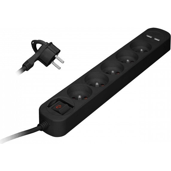 Túlfeszültségvédő Szalag, 5 db 2P+Z Aljzat, 1,5 M Kábel, Kétsávos, Megvilágított Kapcsolóval. Túlfeszültségvédő. 10A/230 Vac, 2XUSB 2.1A Töltő. Lapos Dugó