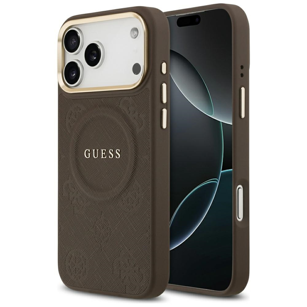 Guess GRAINED HOT STAMP PEONY PATTERN szilikon telefonvédő (ütésállóság, bőr hatású hátlap, MagSafe) SÖTÉTBARNA Apple iPhone 17 Pro Max (GUHMP17XPSAMSECW)