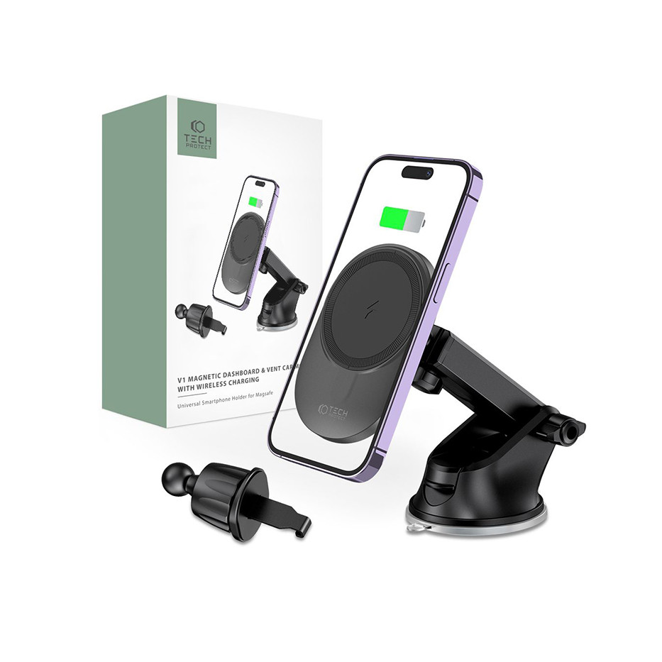 Tech-Protect Qi vezeték nélküli, szellőzőrácsba illeszthető/műszerfalra szerelhető autós tartó/gyorstöltő MagSafe vezeték nélküli funkcióval - Tech-Protect MM15W-V1 (FN0499)
