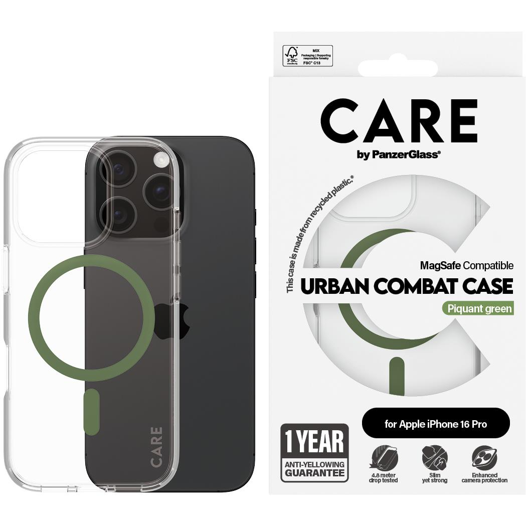 PanzerGlass CARE Apple iPhone 16 Pro MagSafe Urban Combat átlátszó/zöld nem sárguló tok (1370)