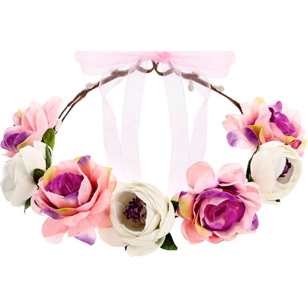 Fejpánt Virágokkal, Szalaggal Műanyag 17cm Rózsaszín, Fehér