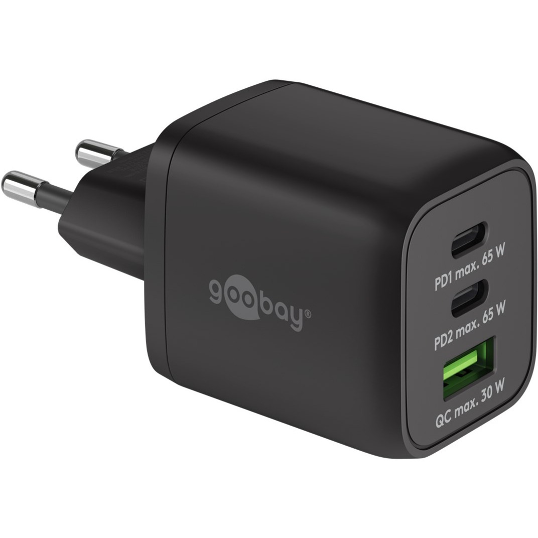 goobay 70180 2x USB-C/USB-A Hálózati gyorstöltő textilkábellel 15-65W - Fekete (70180)