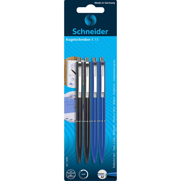  Schneider DŁUGOPISY AUTOMATYCZNE SCHNEIDER K15, 2X CZARNY + 2X NIEBIESKI, BLISTER