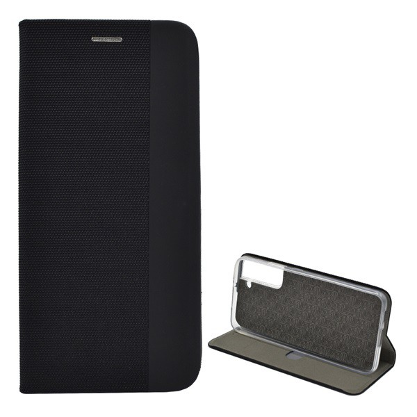 Tok álló, bőr hatású (FLIP, oldalra nyíló, asztali tartó funkció, textil minta) FEKETE [Samsung Galaxy S22 Plus 5G (SM-S906)] (5996591151885)