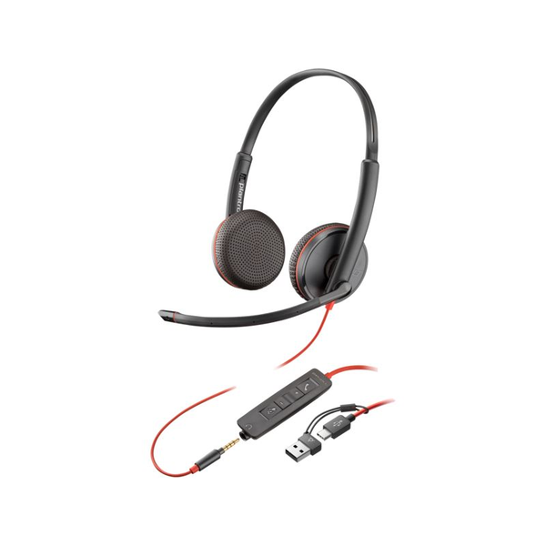 Poly Blackwire 3225 sztereó USB-C headset + 3,5 mm-es csatlakozó + USB-C–USB-A-adapter OEM (8X229A6)