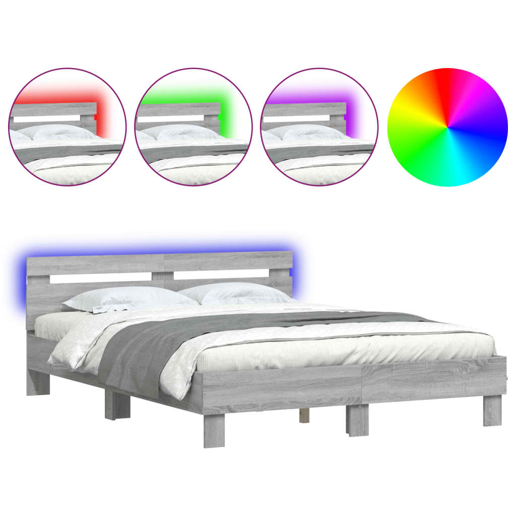 szürke sonoma színű ágykeret fejtámlával és LED-del 140x190 cm (3207565)