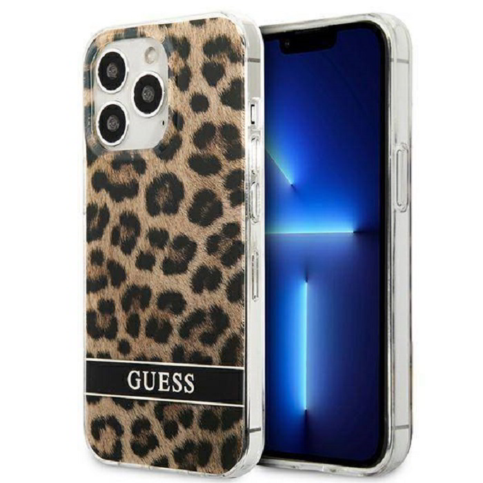 Guess Leopard Electro Stripe Apple iPhone 13 Pro Szilikon Tok - Barna (GUHCP13LHSLEOW)