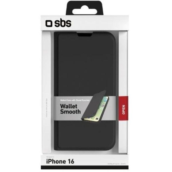 SBS Wallet Smooth iPhone 16 Flip Tok - Fekete