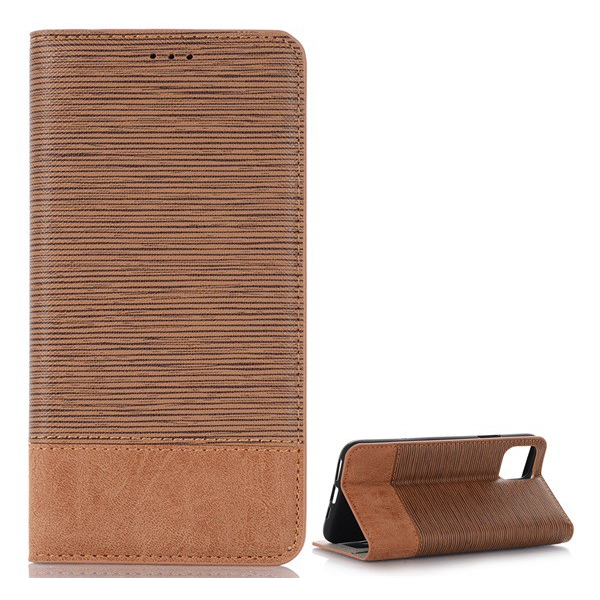 Tok álló, bőr hatású (FLIP, oldalra nyíló, asztali tartó funkció, textil hatás) VILÁGOSBARNA [Apple iPhone 11 Pro Max] (5996457903528)