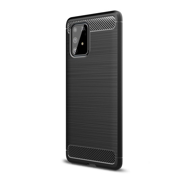 Szilikon telefonvédő (közepesen ütésálló, légpárnás sarok, szálcsiszolt, karbon minta) FEKETE [Samsung Galaxy S10 Lite (SM-G770F) ] (5996457935154)