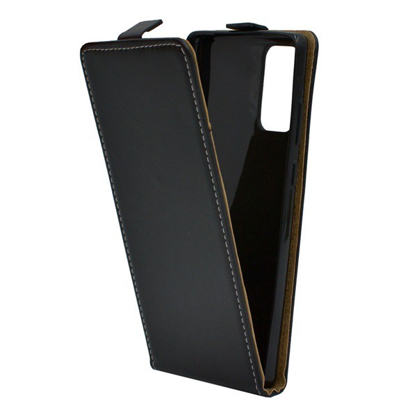 Tok álló, bőr hatású (FLIP, lefelé nyíló, szilikon tartó) FEKETE [Samsung Galaxy Note 20 5G (SM-N981F)]