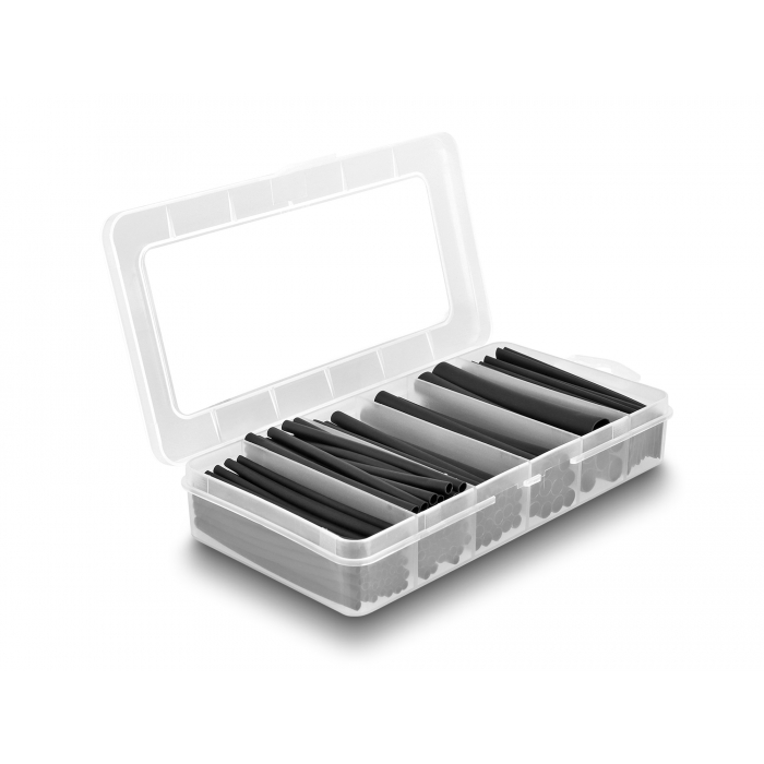 Delock 122 db. fekete, belülről ragadó felületű, hőre zsugorodó cső, zsugorodási arány 3:1, duplafallal ellátott rekeszes tároló dobozban (20910) (20910)